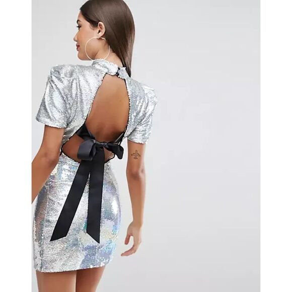 ASOS 80's Sleeve Sequin Iridescent Bow Back Mini Dress 2 - Picture 2 of 12